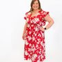 Red V-Neck with large wite flowers, midi dress
