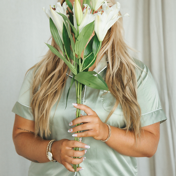 Sage Green Satin Pajamas with White Trim