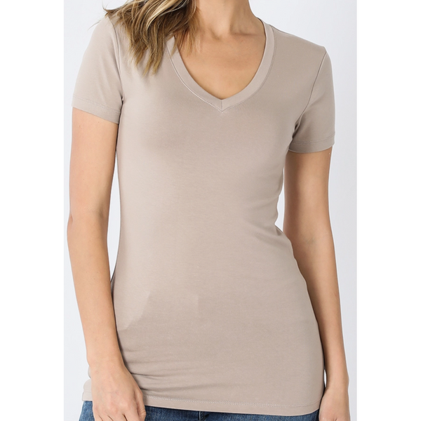 Tan v-neck womens t-shirt. Women's clothing staple. 
