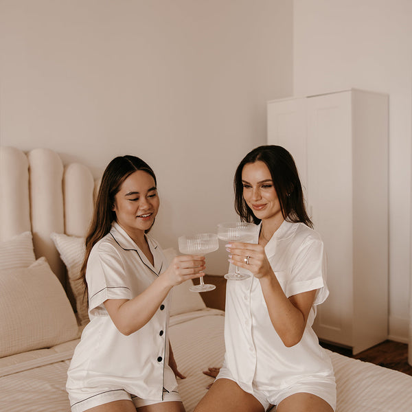 White Pajamas with Black Trim Shorts Set