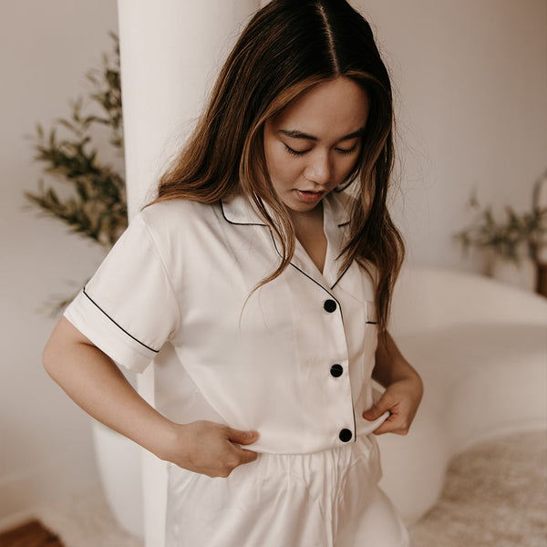 White Pajamas with Black Trim Shorts Set