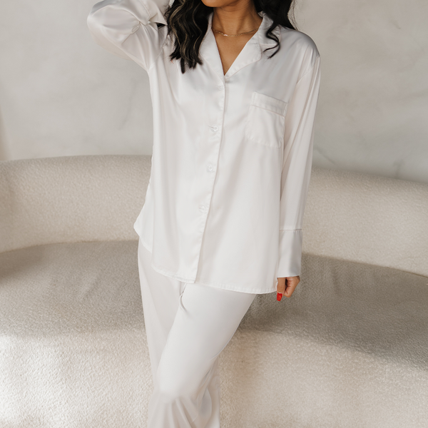White Satin Pajama Pants Set