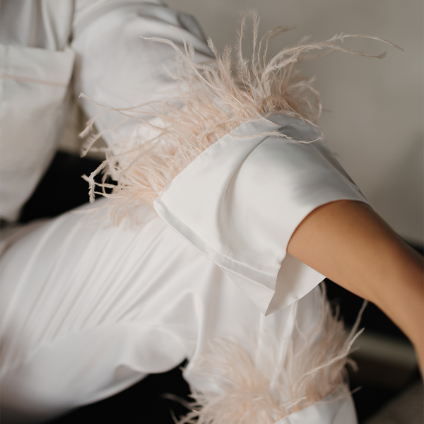 White with Blush Feathers Satin Pants Set