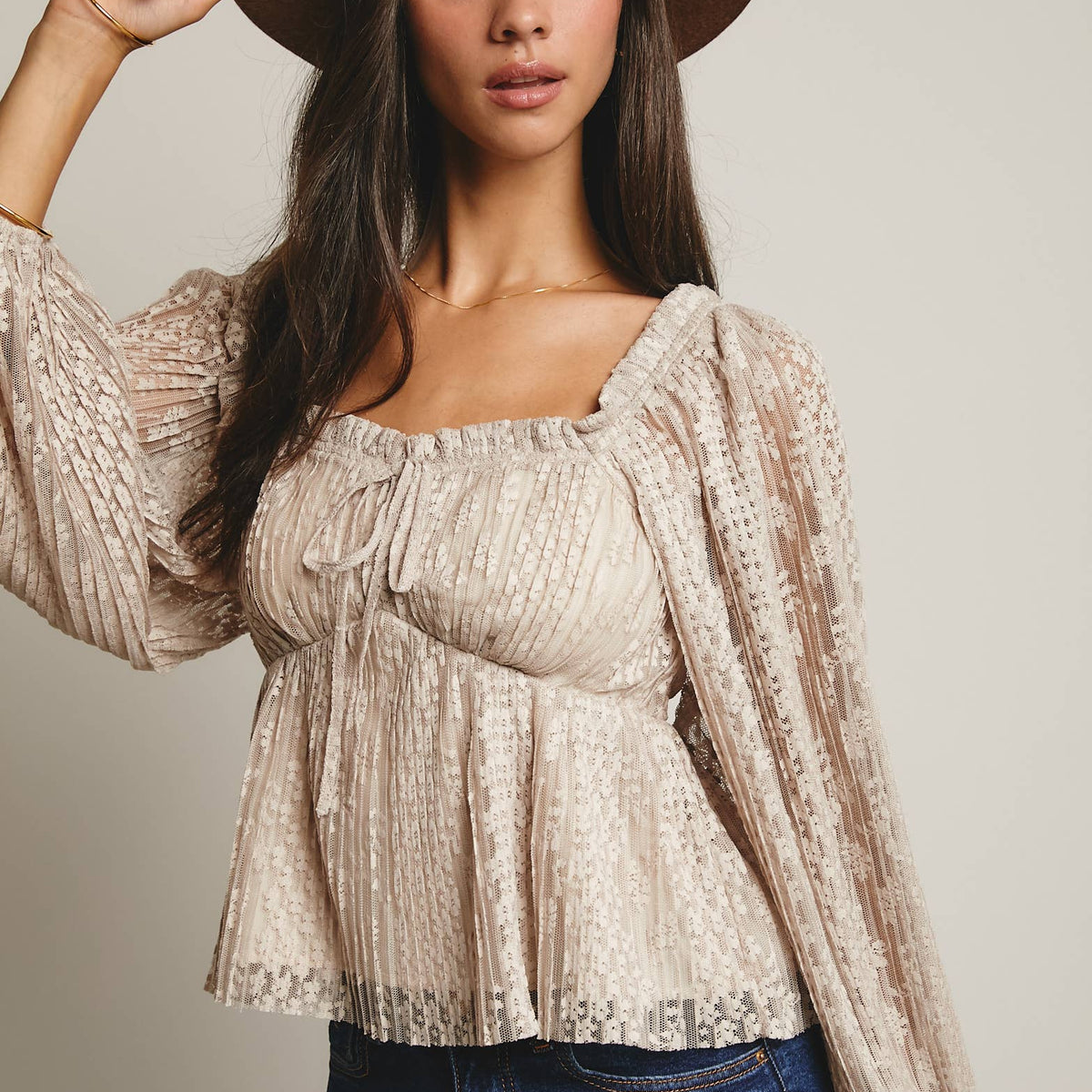 Zoey Pleated Lace Peplum Blouse
