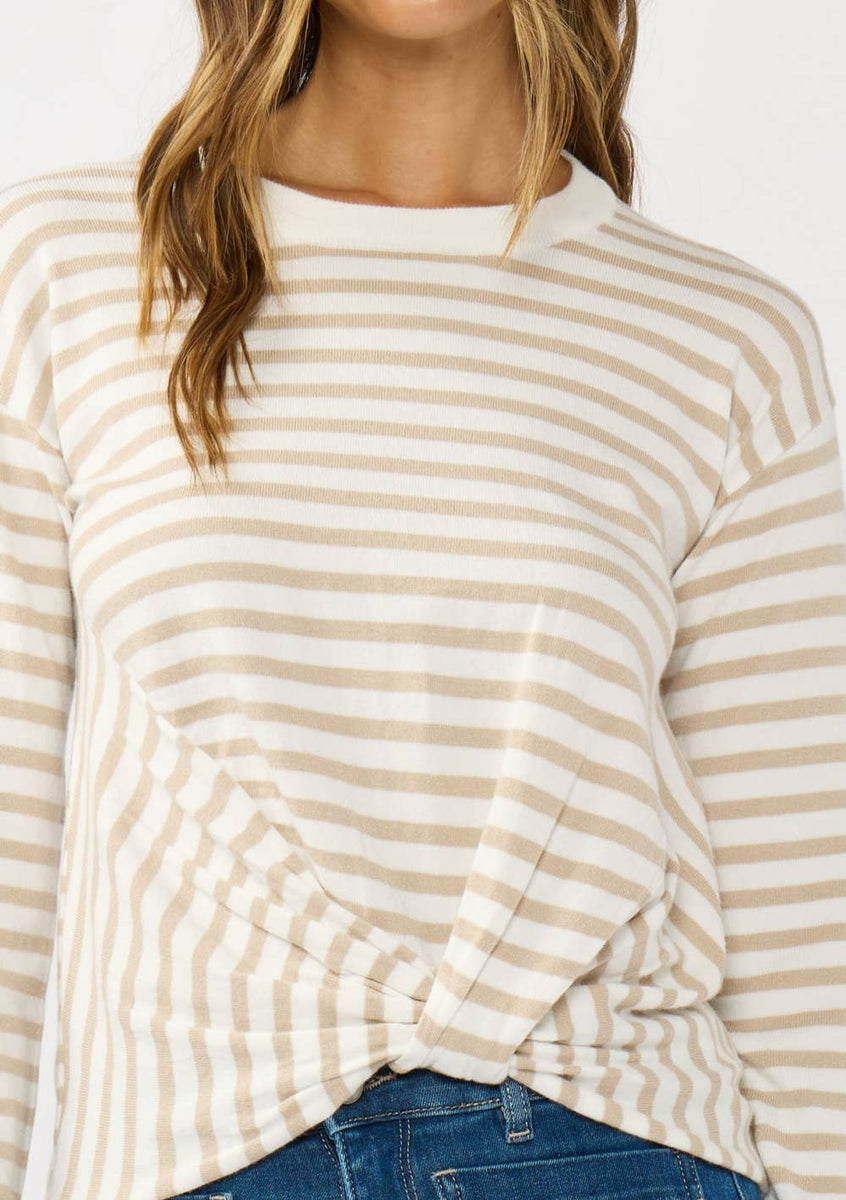 Horizontal Stripe Front Knot Pullover Sweater