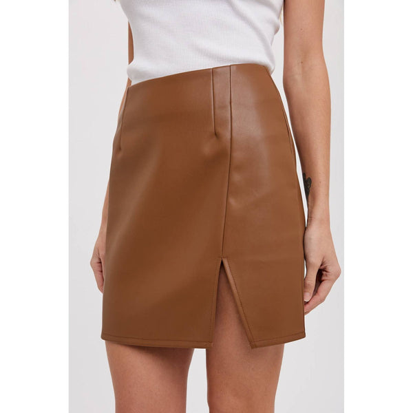 Light brown faux leather mini skirt with slit; womens clothing.