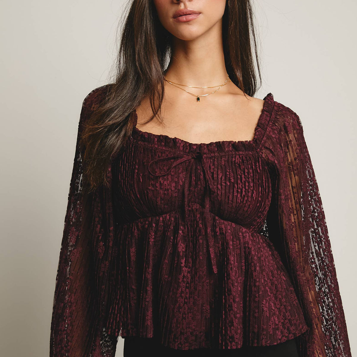 Zoey Pleated Lace Peplum Blouse