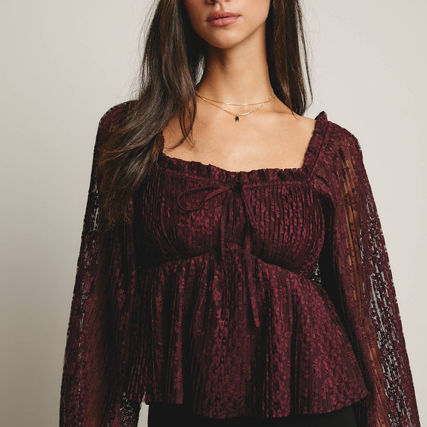 Zoey Pleated Lace Peplum Blouse