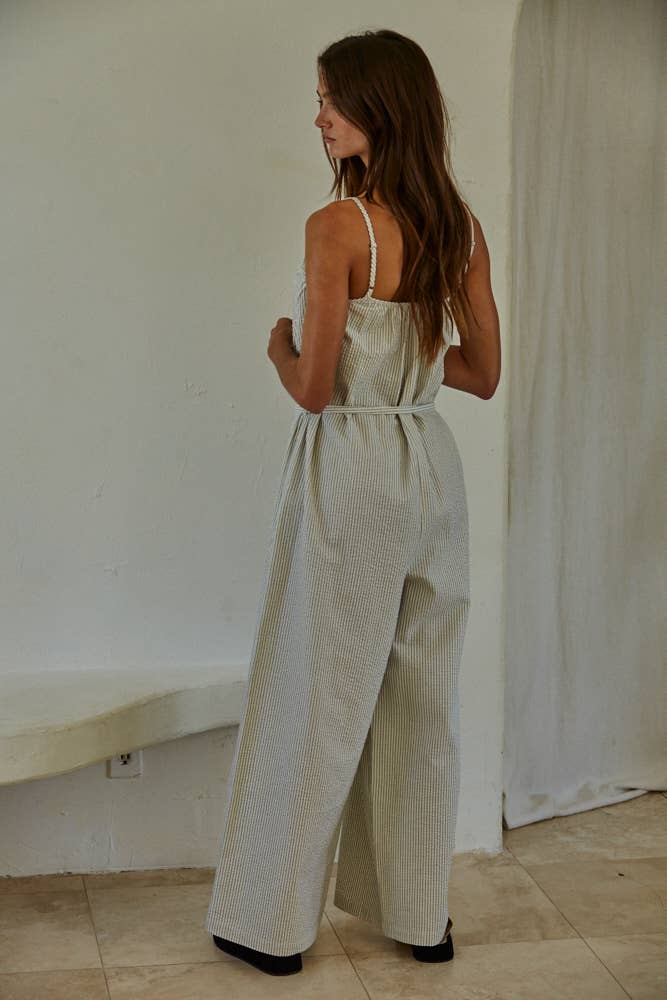 Woven Cotton Striped Square Neck Wide Leg Jumpsuit