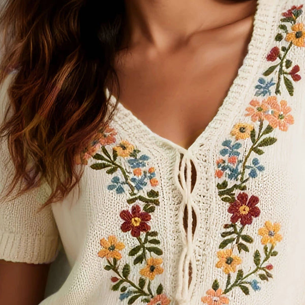 Knitted Bohemia Flower Embroidered Top