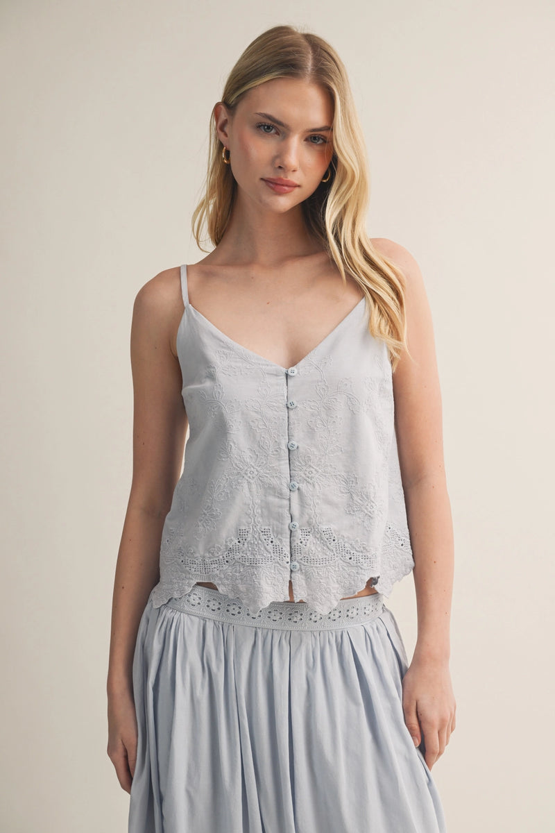 V-Neck Eyelet Embroidered Button Camisole