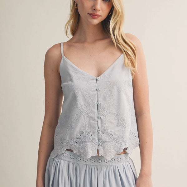V-Neck Eyelet Embroidered Button Camisole