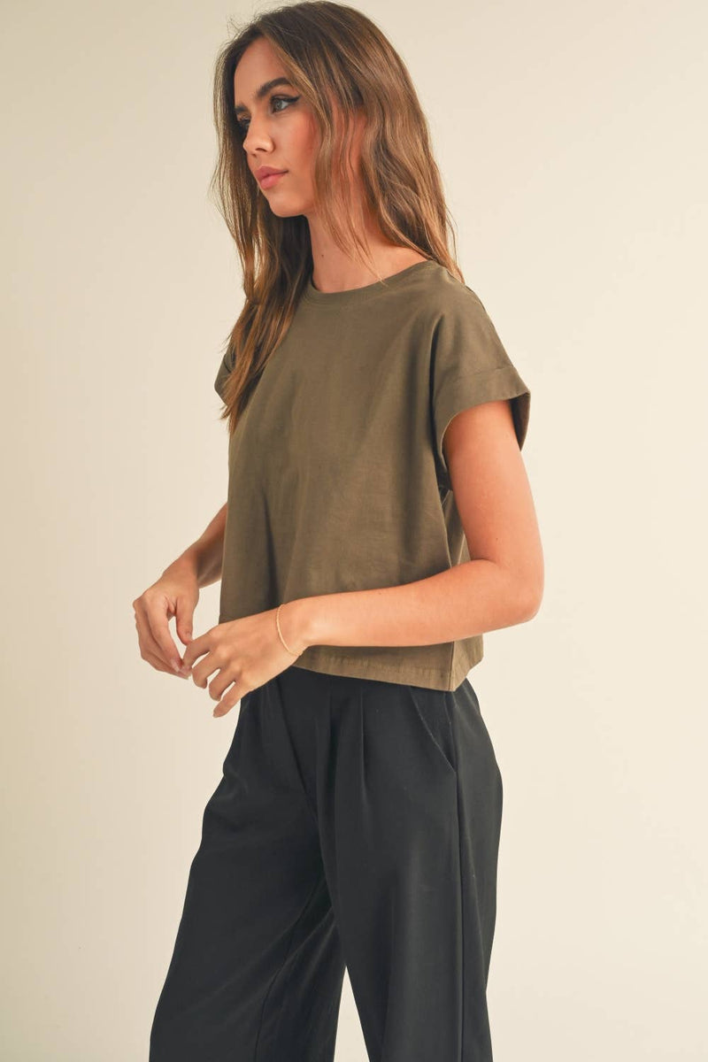 Round Neck Cuffed Sleeve