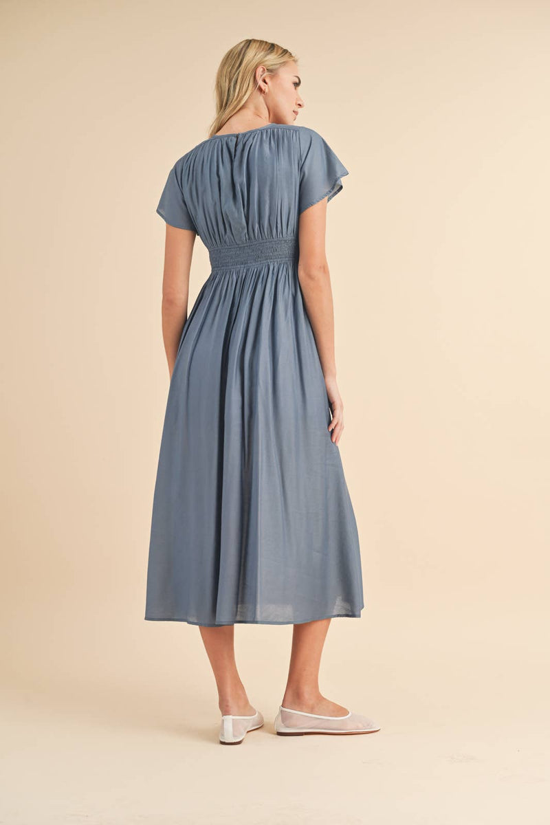 Satin Flutter Sleeve Midi Dress