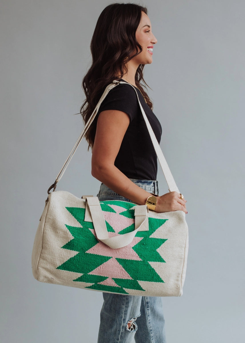 Beige, green & lt. pink Aztec duffel