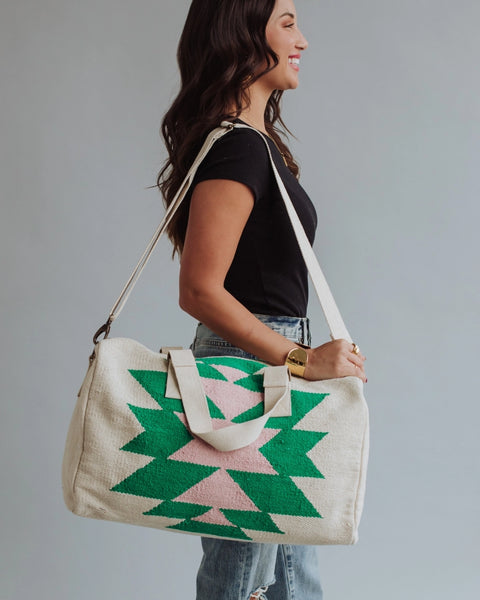 Beige, green & lt. pink Aztec duffel