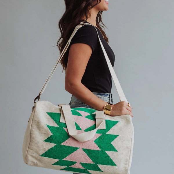 Beige, green & lt. pink Aztec duffel