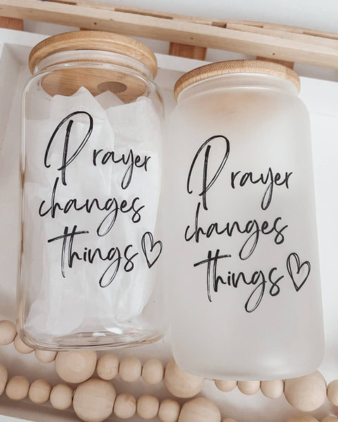 Prayer Changes Things 16oz Glass Cup with Bamboo Lid