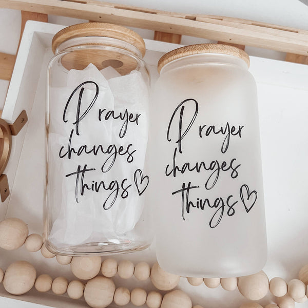 Prayer Changes Things 16oz Glass Cup with Bamboo Lid