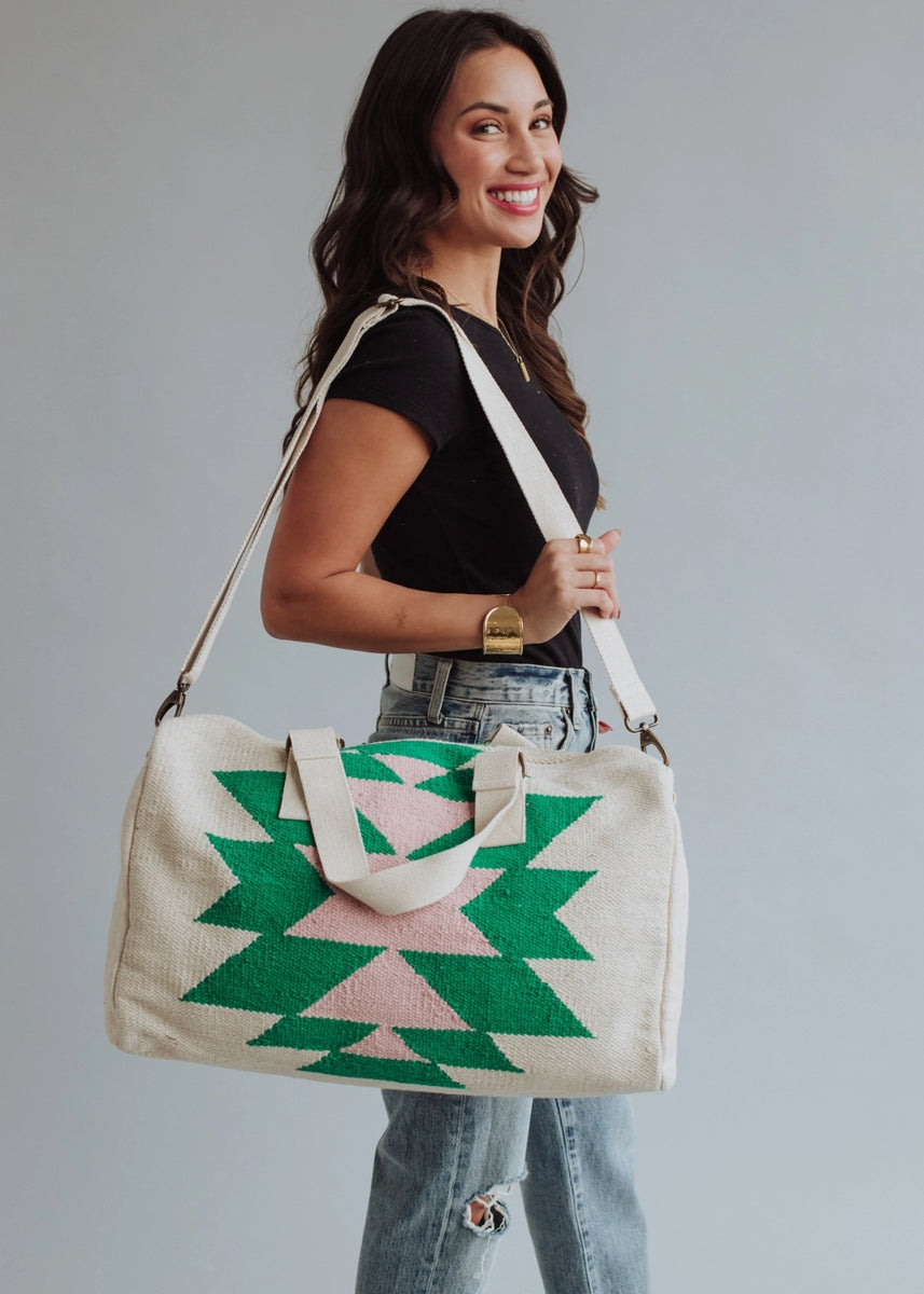 Beige, green & lt. pink Aztec duffel