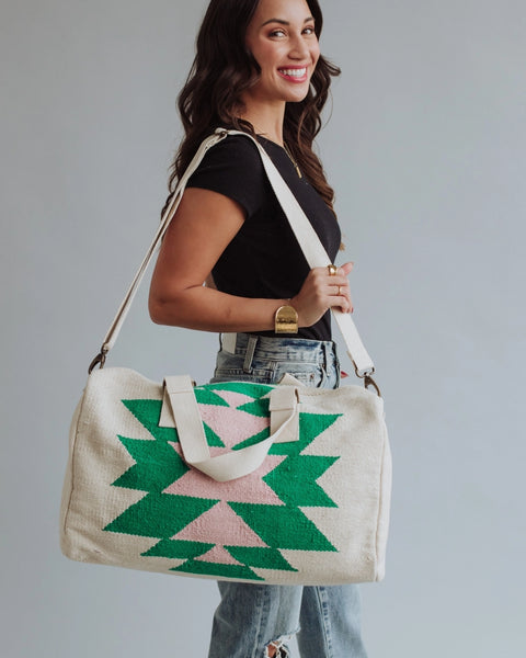 Beige, green & lt. pink Aztec duffel
