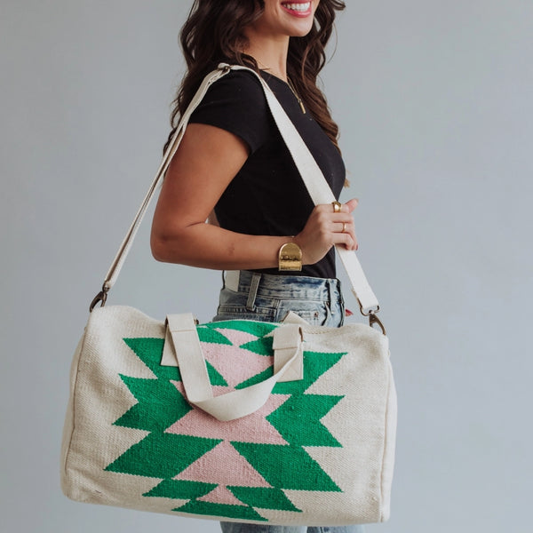 Beige, green & lt. pink Aztec duffel