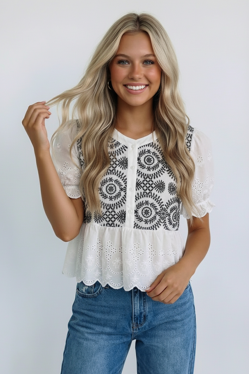 Button Down Eyelet Lace Blouse