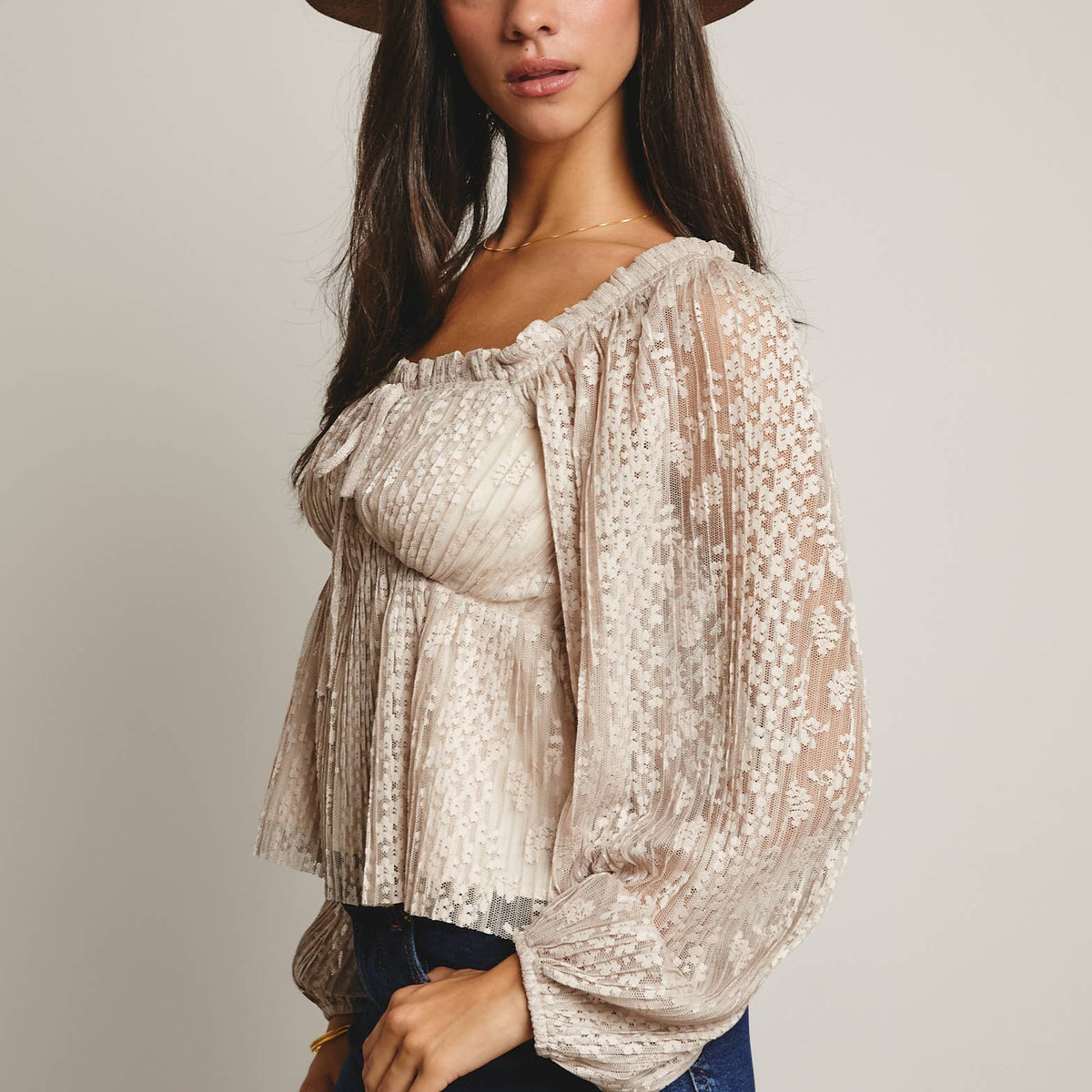 Zoey Pleated Lace Peplum Blouse