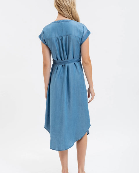 Chambray Button Down Belted Midi Dress