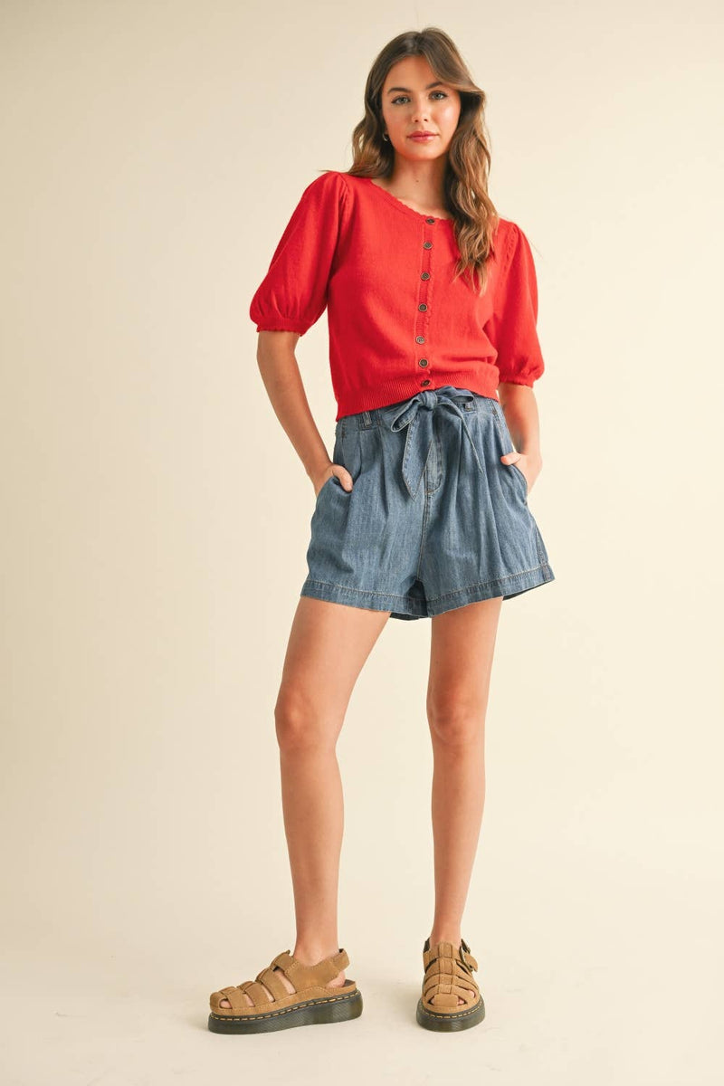 Puff Short Sleeve Button Down Knit Cardigan