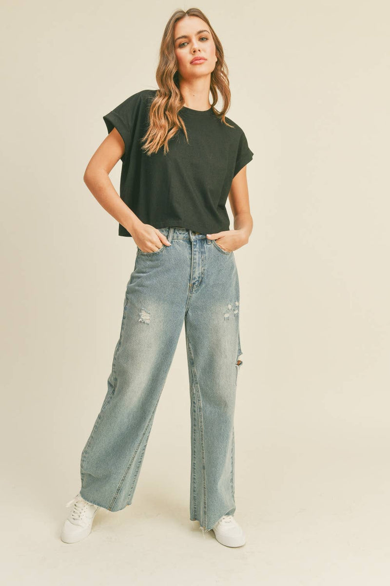 Round Neck Cuffed Sleeve
