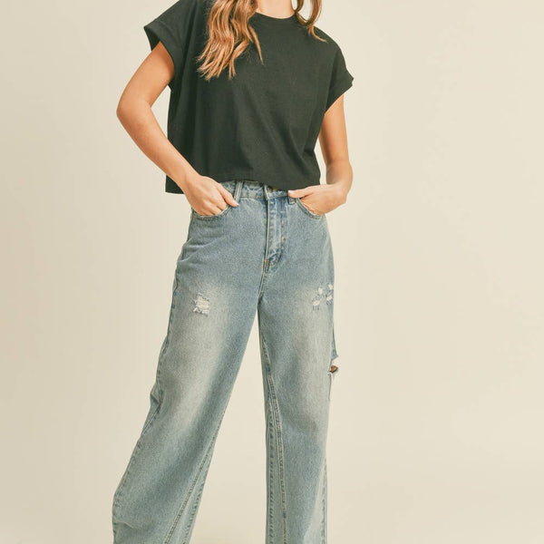 Round Neck Cuffed Sleeve