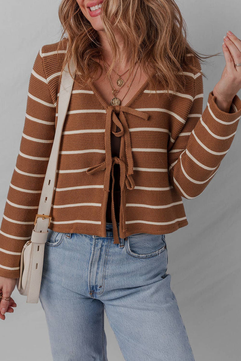 V-Neck Tie Front Striped Knit Cardigan Sweater