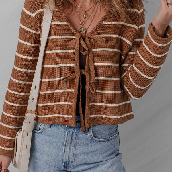 V-Neck Tie Front Striped Knit Cardigan Sweater