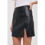 Black faux leather mini skirt with slit; womens clothing.