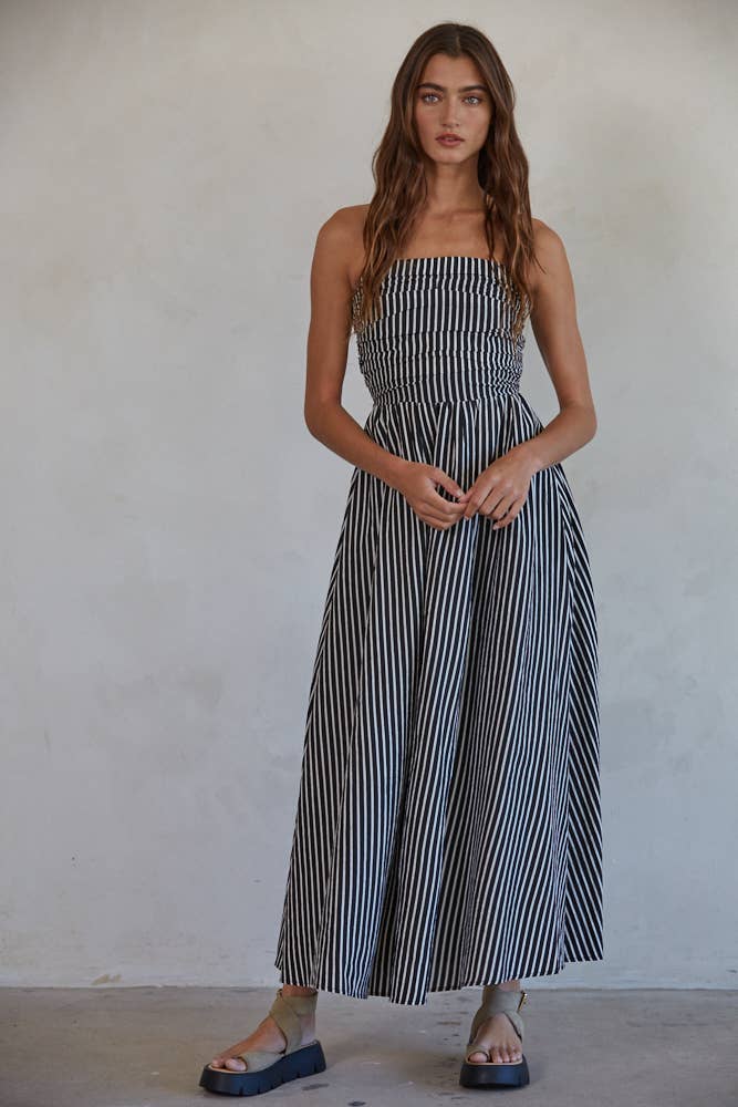 Striped Tube Neck Strapless Flare Maxi Dress