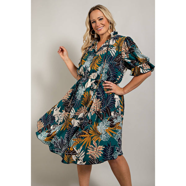Fit N Flaire Self Tie Ruffle Neck Plus Size Dress