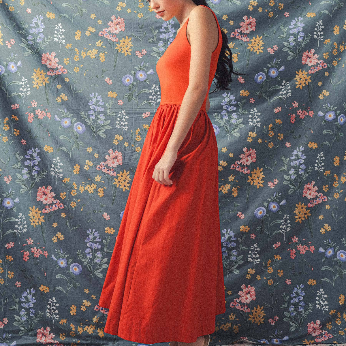 Elegant Square Neck Cotton Blend Gathered Waist Midi Dress