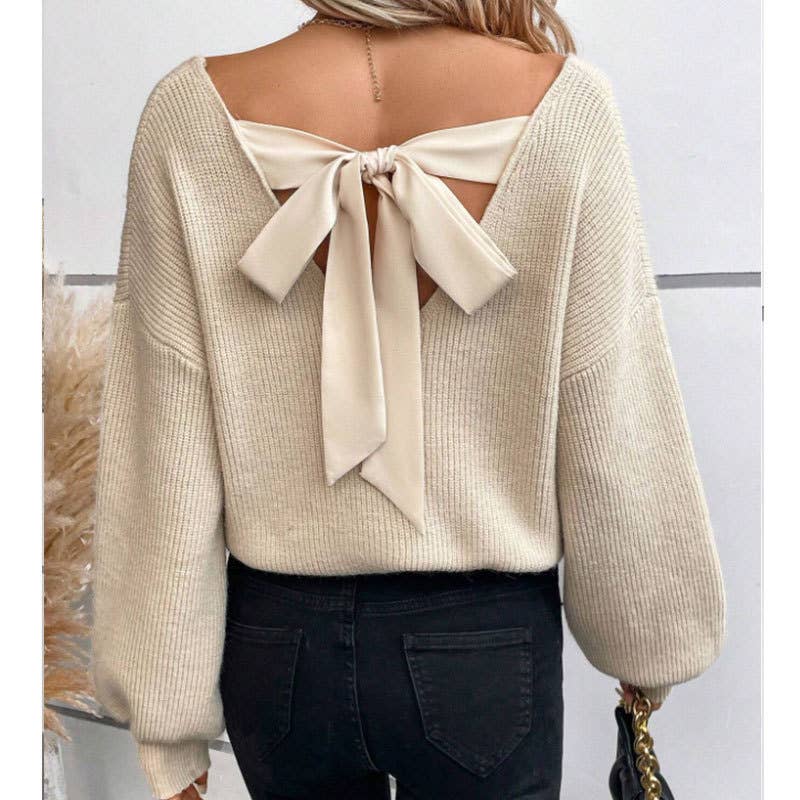 V-neck plain knit sweater with back tie