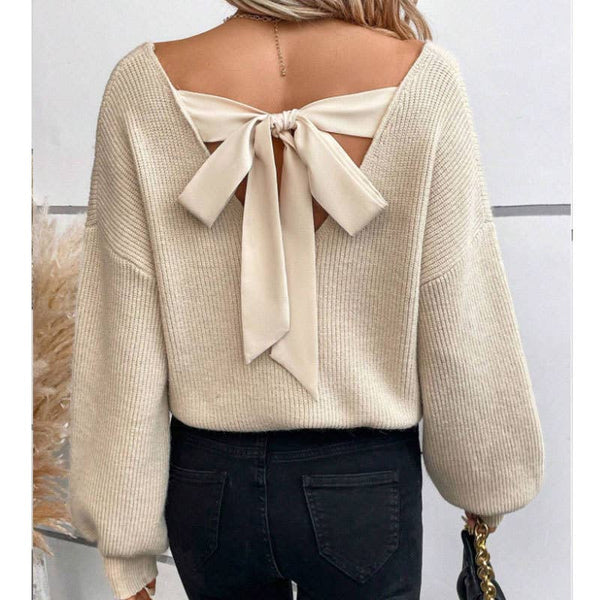 V-neck plain knit sweater with back tie
