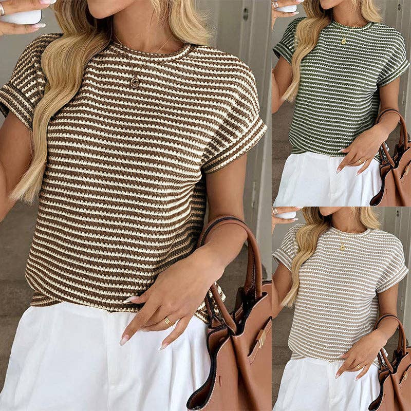 Striped Knit Short Sleeve Pullover Sweater Top