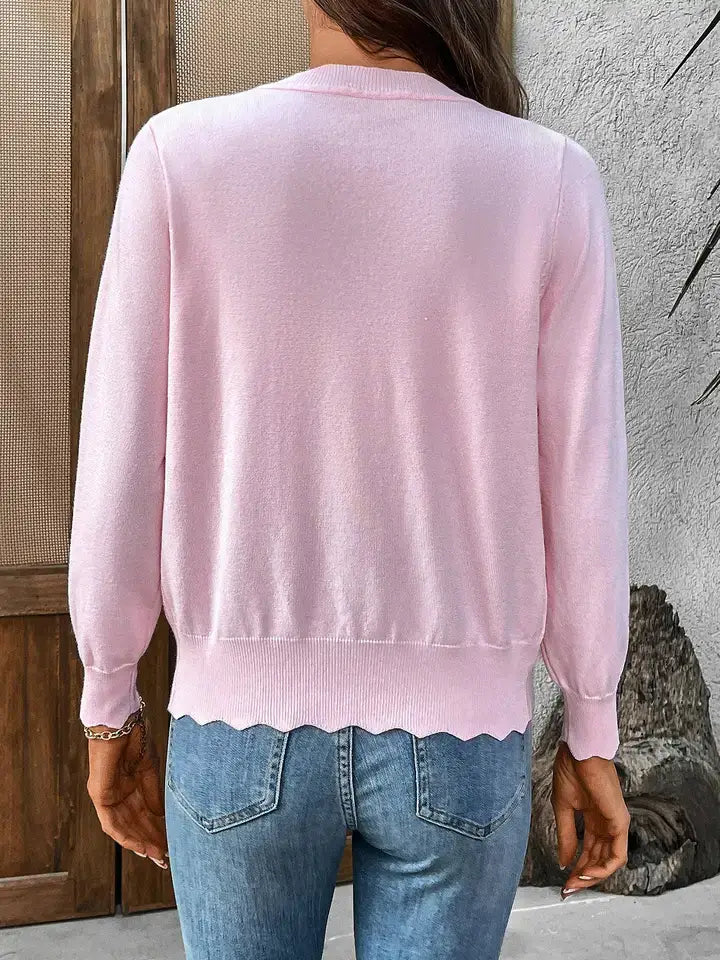 Lightweight Scalloped Edge V-Neck Knit Cardigan