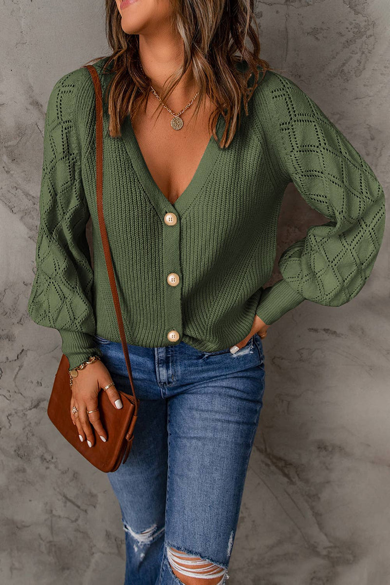 Bishop Sleeve Button V-Neck Cardigan Sweater
