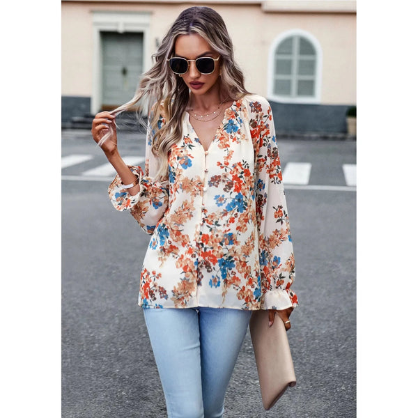 Floral button down long sleeve blouse; womens apparel.