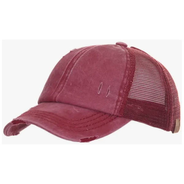 Distressed burgundy womens bun cap; outfit accessory.