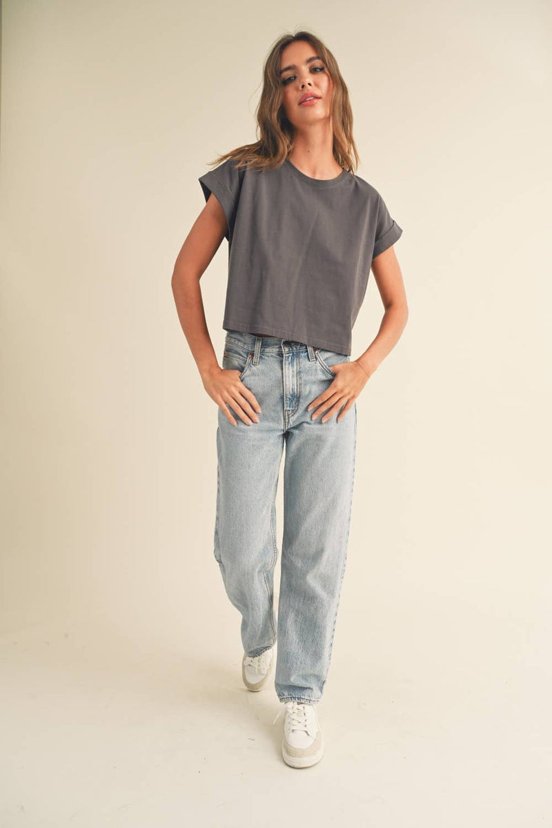 Round Neck Cuffed Sleeve