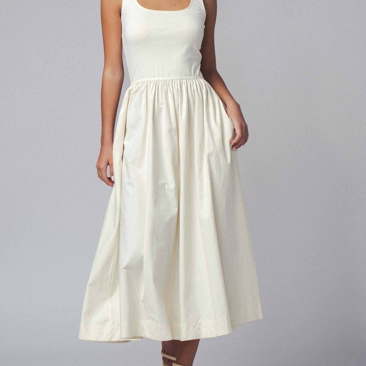 Elegant Square Neck Cotton Blend Gathered Waist Midi Dress