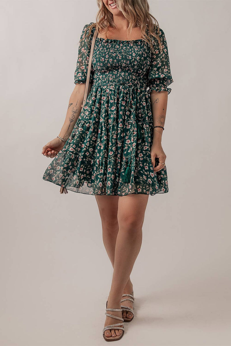 Floral Mesh Overlay Square Neck Ruffle Dress
