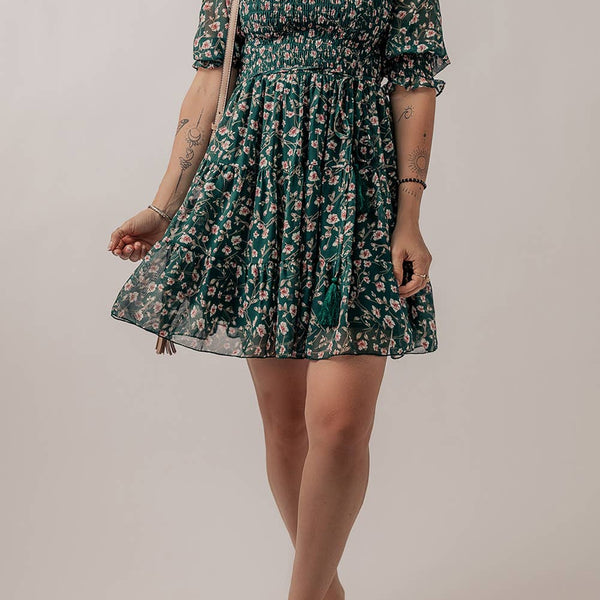 Floral Mesh Overlay Square Neck Ruffle Dress