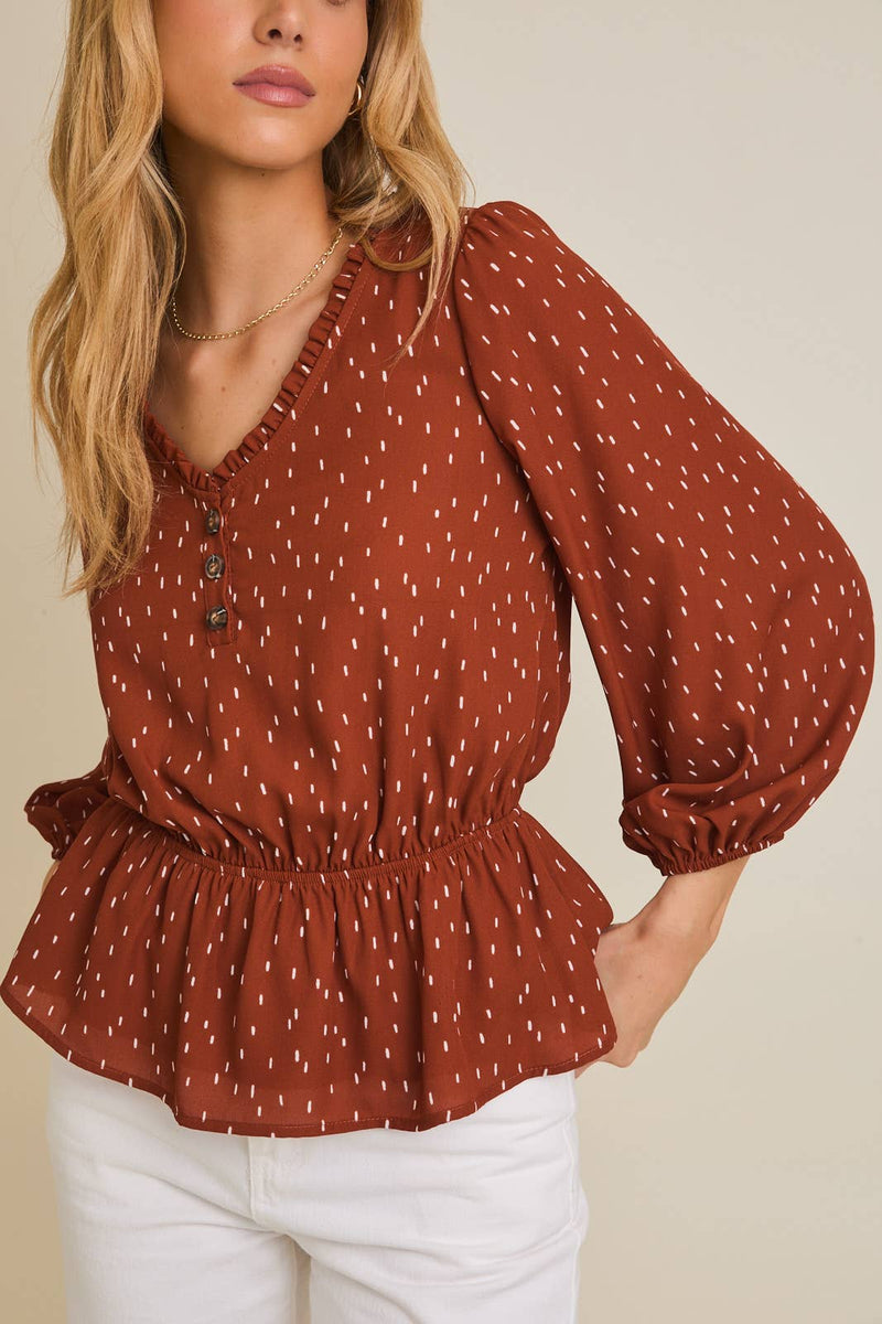 V-NECK BUTTON UP LONG SLEEVE FLARE HEM ABSTRACT TOP